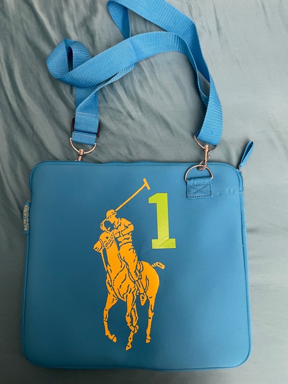 New Ralph Lauren Blue Laptop Crossbody with Neon Yellow Polo Logo 13” L x 12” H